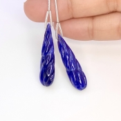 42 Cts. Blue Sapphire 33x8.5mm Carved Drop Shape A Grade Matched Gemstone Carvings Pair - Total 2 Pcs.