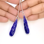 42 Cts. Blue Sapphire 33x8.5mm Carved Drop Shape A Grade Matched Gemstone Carvings Pair - Total 2 Pcs.