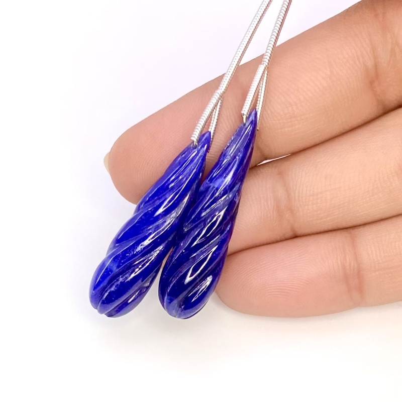 42 Cts. Blue Sapphire 33x8.5mm Carved Drop Shape A Grade Matched Gemstone Carvings Pair - Total 2 Pcs.