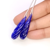 42 Cts. Blue Sapphire 33x8.5mm Carved Drop Shape A Grade Matched Gemstone Carvings Pair - Total 2 Pcs.