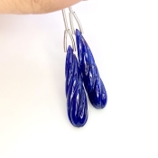 42 Cts. Blue Sapphire 33x8.5mm Carved Drop Shape A Grade Matched Gemstone Carvings Pair - Total 2 Pcs.