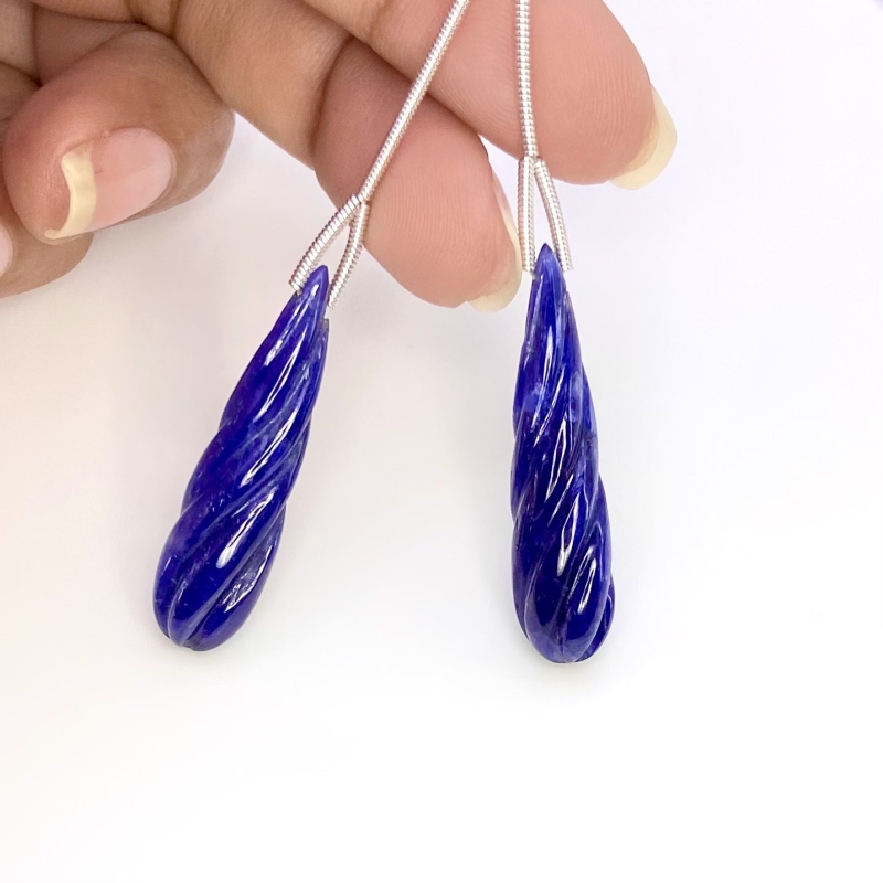 42 Cts. Blue Sapphire 33x8.5mm Carved Drop Shape A Grade Matched Gemstone Carvings Pair - Total 2 Pcs.