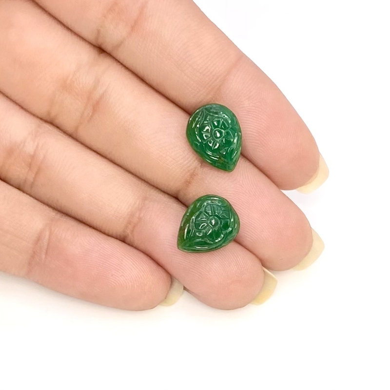8.15 Cts. Emerald 12x9mm Carved Pear Shape A Grade Matched Gemstone Carvings Pair - Total 2 Pcs.