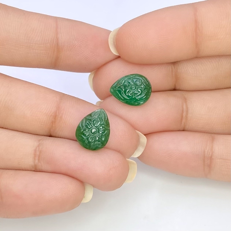 8.15 Cts. Emerald 12x9mm Carved Pear Shape A Grade Matched Gemstone Carvings Pair - Total 2 Pcs.