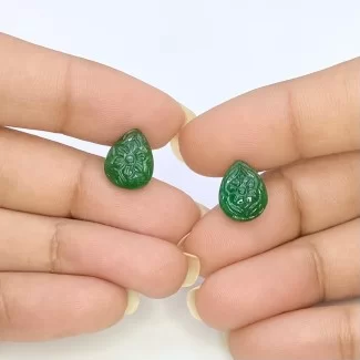 8.15 Cts. Emerald 12x9mm Carved Pear Shape A Grade Matched Gemstone Carvings Pair - Total 2 Pcs.
