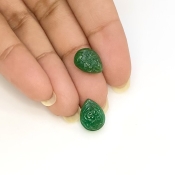 8.15 Cts. Emerald 12x9mm Carved Pear Shape A Grade Matched Gemstone Carvings Pair - Total 2 Pcs.