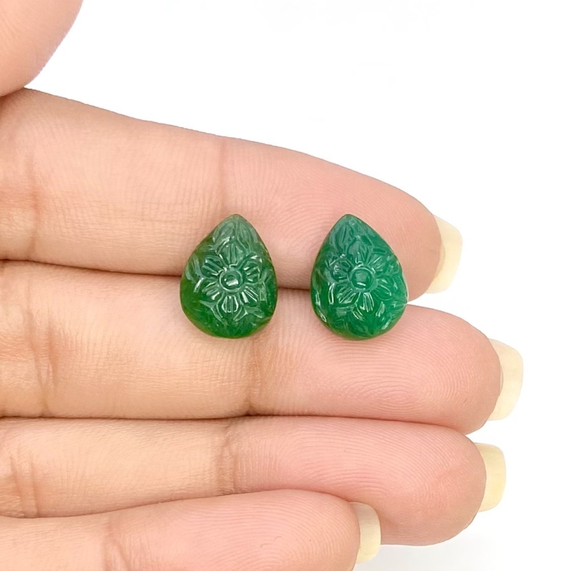 8.15 Cts. Emerald 12x9mm Carved Pear Shape A Grade Matched Gemstone Carvings Pair - Total 2 Pcs.