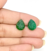 8.15 Cts. Emerald 12x9mm Carved Pear Shape A Grade Matched Gemstone Carvings Pair - Total 2 Pcs.