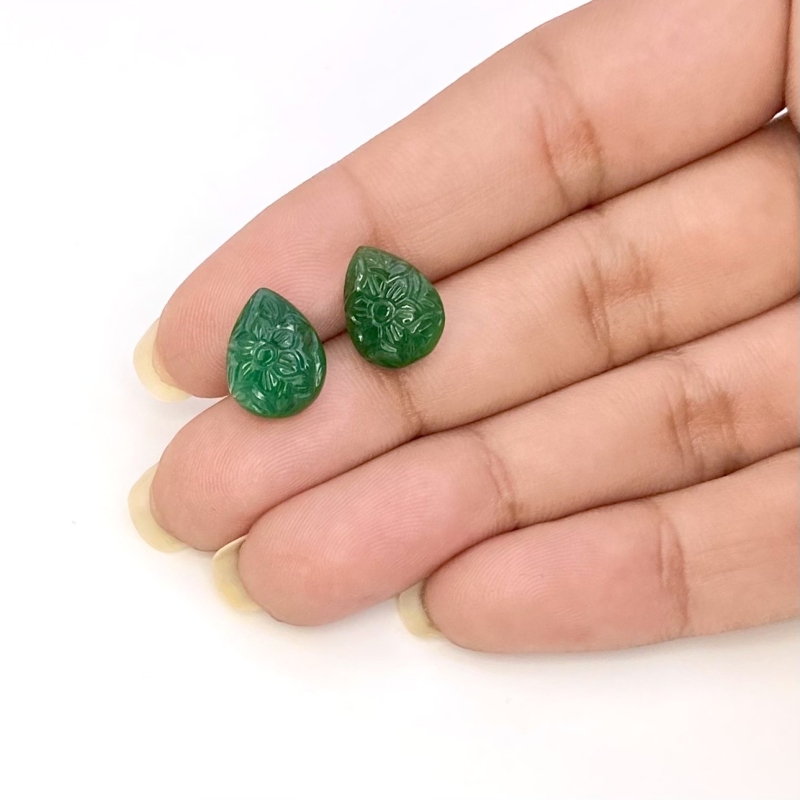 8.15 Cts. Emerald 12x9mm Carved Pear Shape A Grade Matched Gemstone Carvings Pair - Total 2 Pcs.