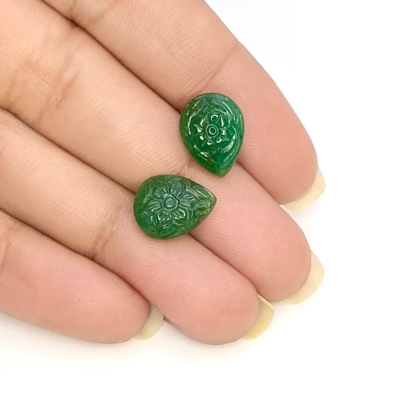 8.15 Cts. Emerald 12x9mm Carved Pear Shape A Grade Matched Gemstone Carvings Pair - Total 2 Pcs.