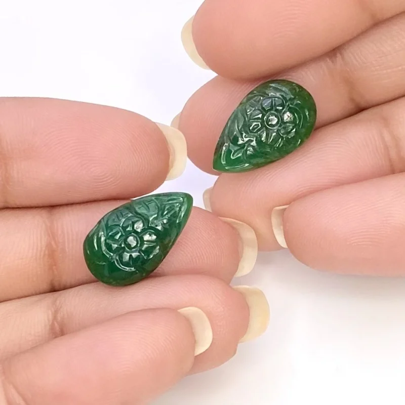 12.95 Cts. Emerald 16x9.5mm Carved Pear Shape A Grade Matched Gemstone Carvings Pair - Total 2 Pcs.