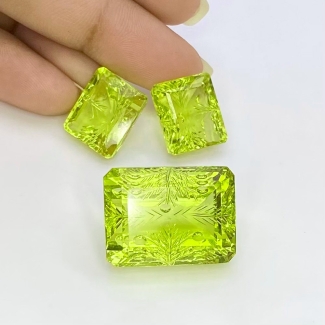 71.85 Cts. Lemon Quartz 14.5x12.5-23.5x17.5mm Carved Octagon Shape AAA Grade Matched Gemstone Carvings Set - Total 3 Pcs.