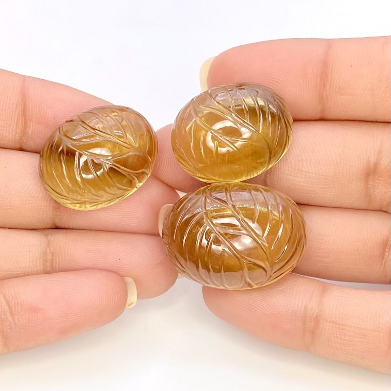 104.37 Cts. Olive Quartz 26x19.5-22x17.5mm Carved Oval Shape AAA Grade Matched Gemstone Carvings Set - Total 3 Pcs.