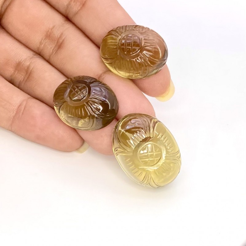100.30 Cts. Olive Quartz 25x19-22x17mm Carved Oval Shape AAA Grade Matched Gemstone Carvings Set - Total 3 Pcs.