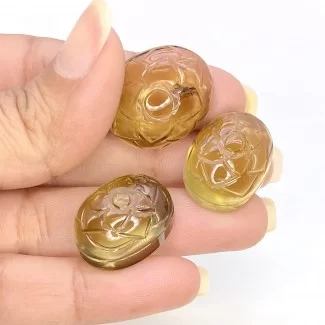 Olive Quartz Carved Oval Shape AAA Grade Gemstone Carving Set - 22x18-20x15mm - 3 Pc. - 85.35 Cts.
