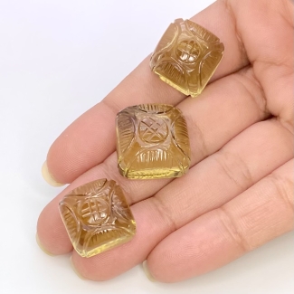 83.05 Cts. Olive Quartz 18-16mm Carved Square Cushion Shape AAA Grade Matched Gemstone Carvings Set - Total 3 Pcs.