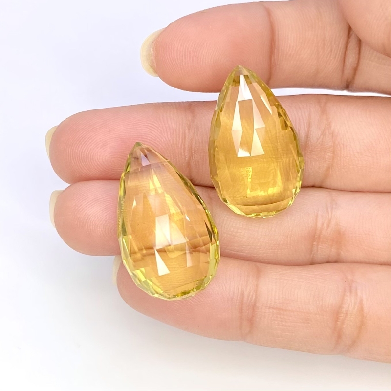  53.10 Cts. Lemon Quartz 27x16mm Briolette Pear Shape AAA Grade Matched Gemstone Beads Pair - Total 2 Pcs.