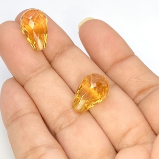  20.30 Cts. Citrine 15x10mm Briolette Drop Shape AAA Grade Matched Gemstone Beads Pair - Total 2 Pcs.