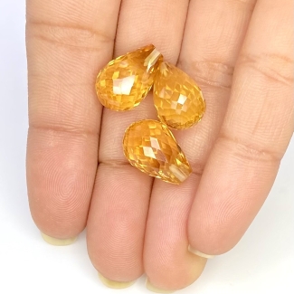  30.20 Cts. Citrine 15x10mm Briolette Drop Shape AAA Grade Matched Gemstone Beads Set - Total 3 Pcs.