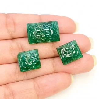 45.55 Cts. Emerald 19x12.5-12.5x11.5mm Carved Fancy Shape A Grade Matched Gemstone Carvings Set - Total 3 Pcs.