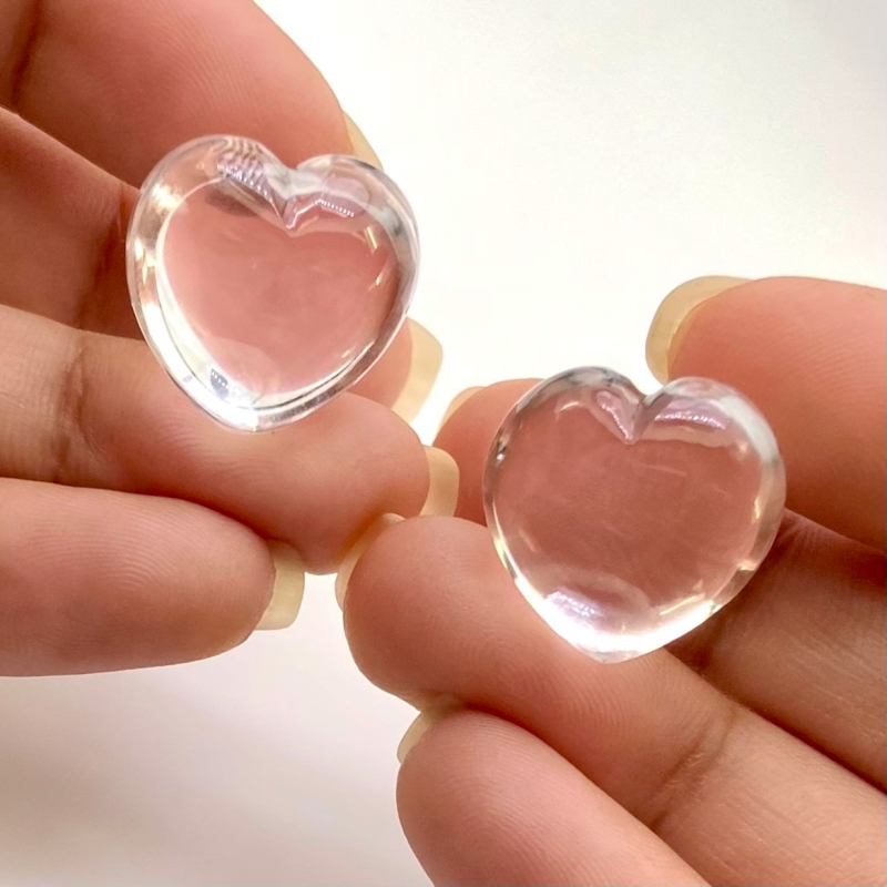 49.80 Cts. Crystal Quartz 18mm Smooth Heart Shape AAA Grade Matched Gemstone Carvings Pair - Total 2 Pcs.