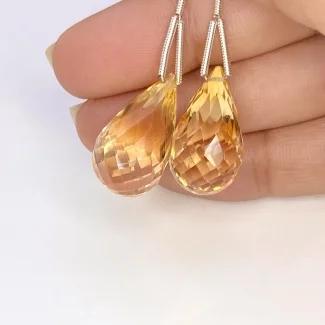  41.65 Cts. Citrine 21mm Briolette Drop Shape AA Grade Matched Gemstone Beads Pair - Total 2 Pcs.