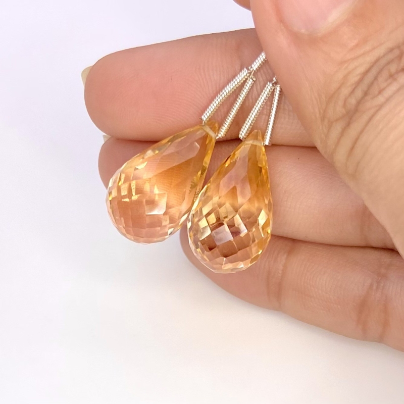  41.65 Cts. Citrine 21mm Briolette Drop Shape AA Grade Matched Gemstone Beads Pair - Total 2 Pcs.