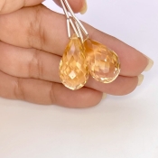  41.65 Cts. Citrine 21mm Briolette Drop Shape AA Grade Matched Gemstone Beads Pair - Total 2 Pcs.