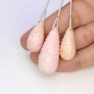 67.60 Cts. Pink Opal 22-32mm Carved Drop Shape AA Grade Matched Gemstone Carvings Set - Total 3 Pcs.