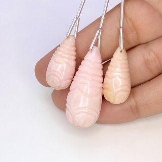67.60 Cts. Pink Opal 22-32mm Carved Drop Shape AA Grade Matched Gemstone Carvings Set - Total 3 Pcs.