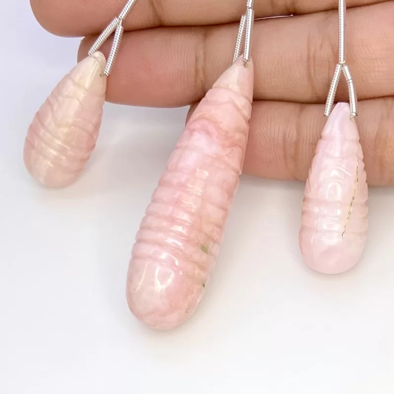 100 Cts. Pink Opal 28-49mm Carved Drop Shape AA Grade Matched Gemstone Carvings Set - Total 3 Pcs.