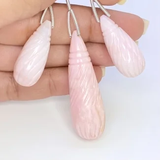 86.20 Cts. Pink Opal 27-45mm Carved Drop Shape AA Grade Matched Gemstone Carvings Set - Total 3 Pcs.