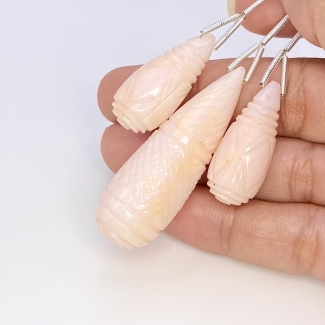87.70 Cts. Pink Opal 27-45mm Carved Drop Shape AA Grade Matched Gemstone Carvings Set - Total 3 Pcs.