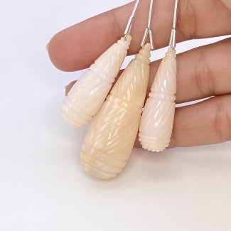 93 Cts. Pink Opal 34-45mm Carved Drop Shape A Grade Matched Gemstone Carvings Set - Total 3 Pcs.