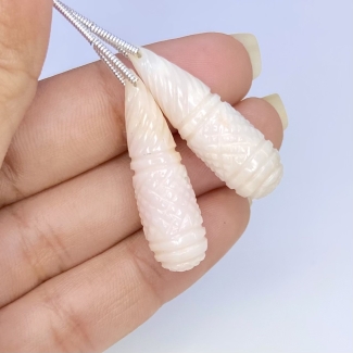 32.25 Cts. Pink Opal 31mm Carved Drop Shape A Grade Matched Gemstone Carvings Pair - Total 2 Pcs.