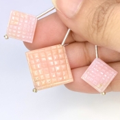 29.10 Cts. Pink Opal 12-18mm Carved Square Shape AA Grade Matched Gemstone Carvings Set - Total 3 Pcs.