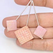 29.10 Cts. Pink Opal 12-18mm Carved Square Shape AA Grade Matched Gemstone Carvings Set - Total 3 Pcs.