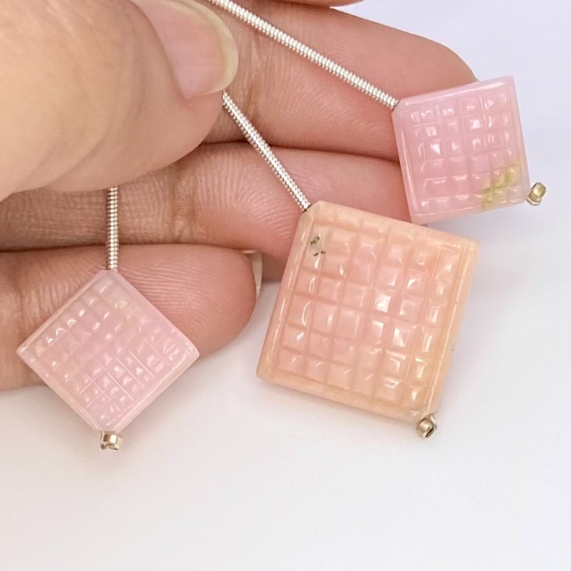 29.10 Cts. Pink Opal 12-18mm Carved Square Shape AA Grade Matched Gemstone Carvings Set - Total 3 Pcs.