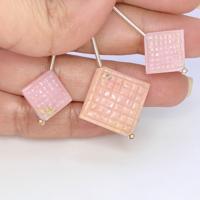 29.10 Cts. Pink Opal 12-18mm Carved Square Shape AA Grade Matched Gemstone Carvings Set - Total 3 Pcs.