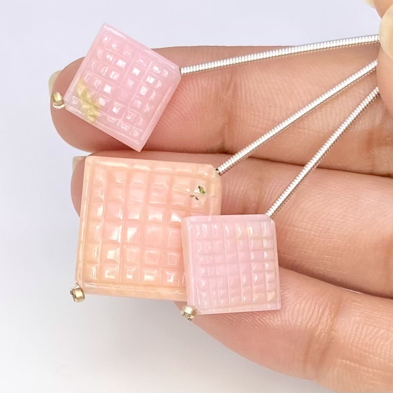 29.10 Cts. Pink Opal 12-18mm Carved Square Shape AA Grade Matched Gemstone Carvings Set - Total 3 Pcs.