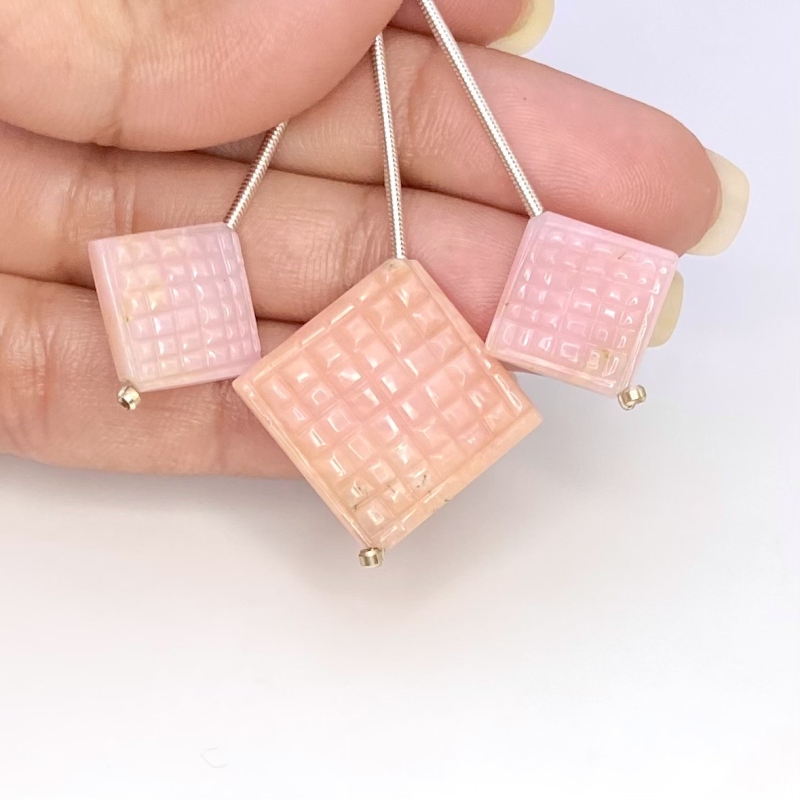 29.10 Cts. Pink Opal 12-18mm Carved Square Shape AA Grade Matched Gemstone Carvings Set - Total 3 Pcs.