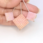 29.10 Cts. Pink Opal 12-18mm Carved Square Shape AA Grade Matched Gemstone Carvings Set - Total 3 Pcs.