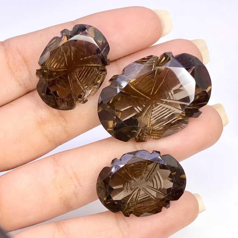 103.45 Cts. Smoky Quartz 23x17-31x21mm Carved Oval Shape AAA Grade Matched Gemstone Carvings Set - Total 3 Pcs.