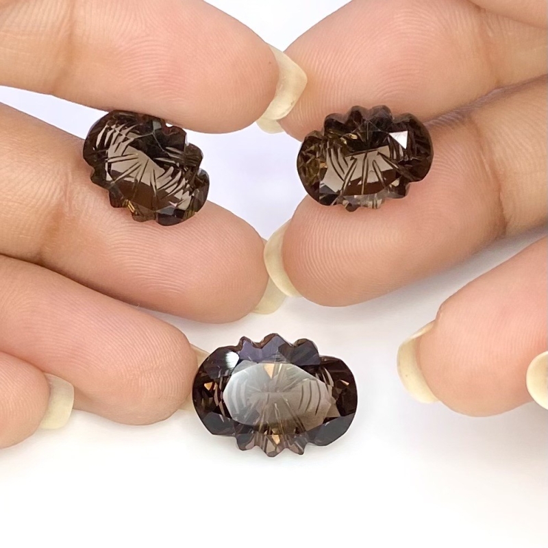 22.70 Cts. Smoky Quartz 14x11-17x13mm Carved Oval Shape AAA Grade Matched Gemstone Carvings Set - Total 3 Pcs.