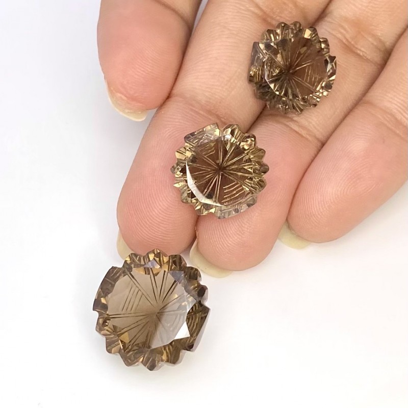 37 Cts. Smoky Quartz 14-17mm Carved Round Shape AAA Grade Matched Gemstone Carvings Set - Total 3 Pcs.
