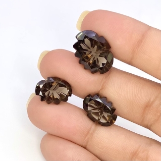 19.45 Cts. Smoky Quartz 13.5x9.5-16.5x12mm Carved Oval Shape AAA Grade Matched Gemstone Carvings Set - Total 3 Pcs.