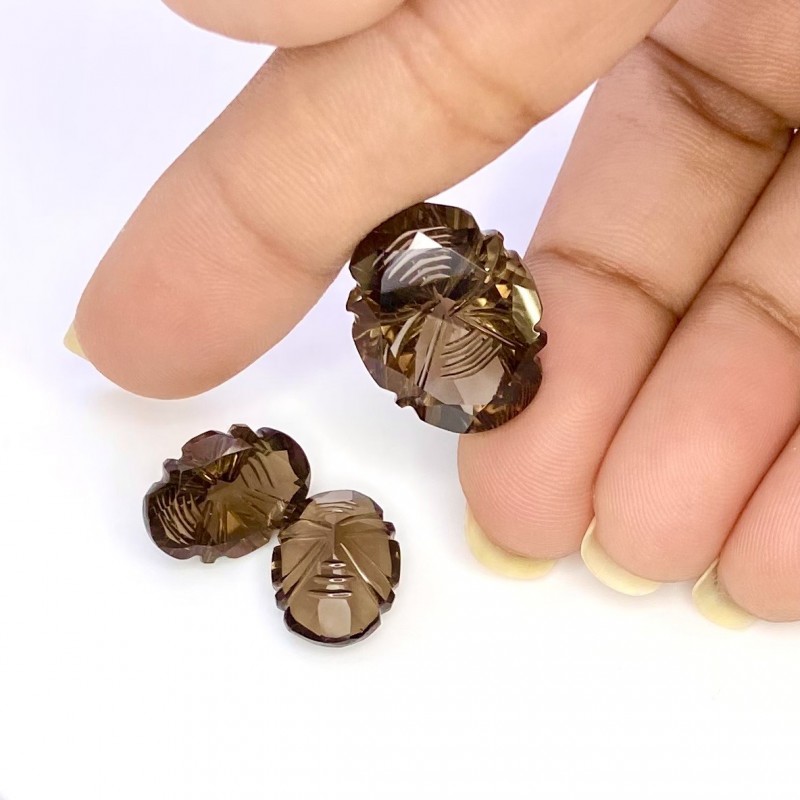 24.80 Cts. Smoky Quartz 14x10-18.5x14.5mm Carved Oval Shape AAA Grade Matched Gemstone Carvings Set - Total 3 Pcs.