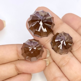 71 Cts. Smoky Quartz 17.5-21mm Concave Cut Round Shape AAA Grade Matched Cabochons Set - Total 3 Pcs.