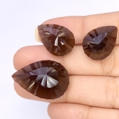 54.95 Carat Smoky Quartz 25x18-18.5x14mm Concave Cut Pear Shape AAA Grade Matched Cabochons Set - Total 3 Pcs.