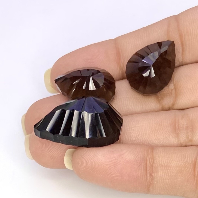 54.95 Carat Smoky Quartz 25x18-18.5x14mm Concave Cut Pear Shape AAA Grade Matched Cabochons Set - Total 3 Pcs.